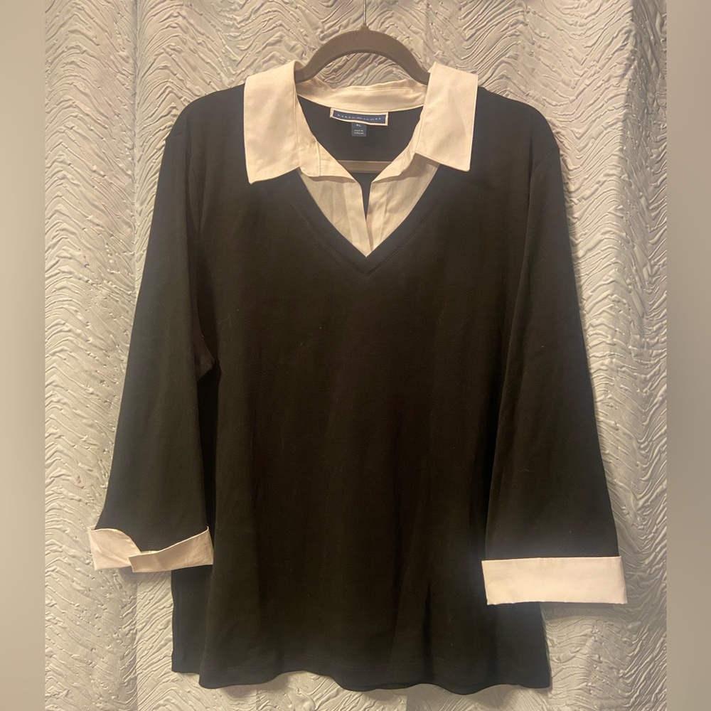 Karen Scott Black V-Neck Tunic with White Faux-Layered Collar and Cuffs
